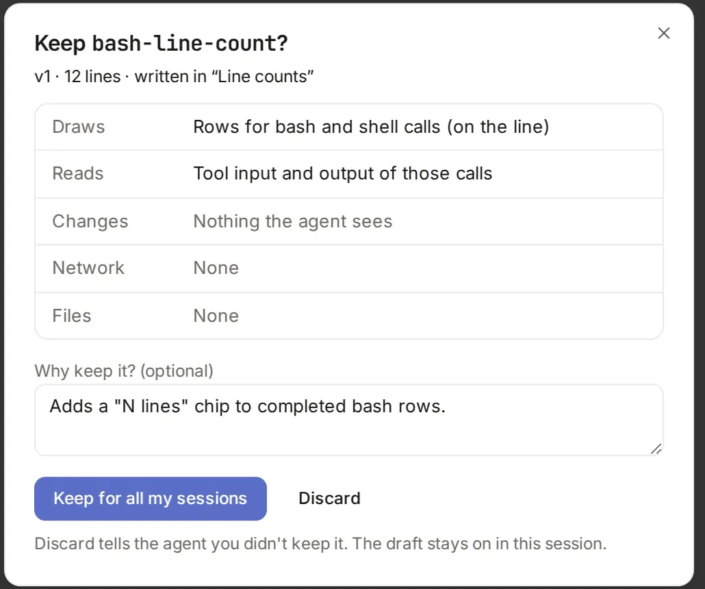 The review dialog, Keep bash-line-count, listing what it draws, reads and changes, with Keep for all my sessions and Discard