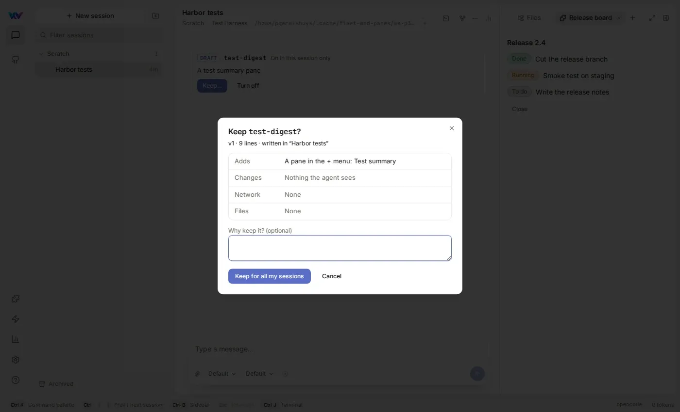 The Keep test-digest review: Adds, A pane in the + menu: Test summary; Changes, Nothing the agent sees; Network none; Files none