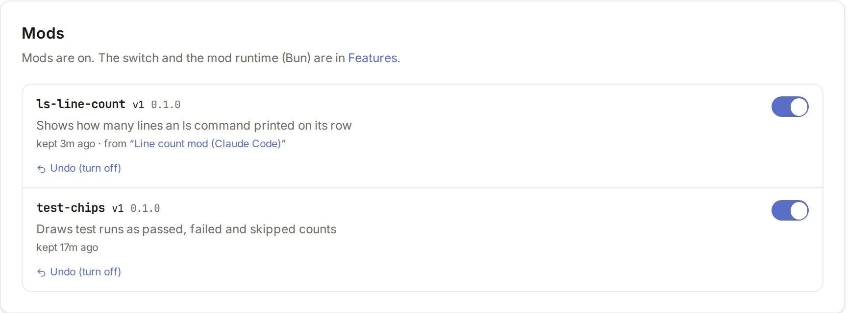 Settings, Mods, with two kept mods, each with a switch and an Undo link