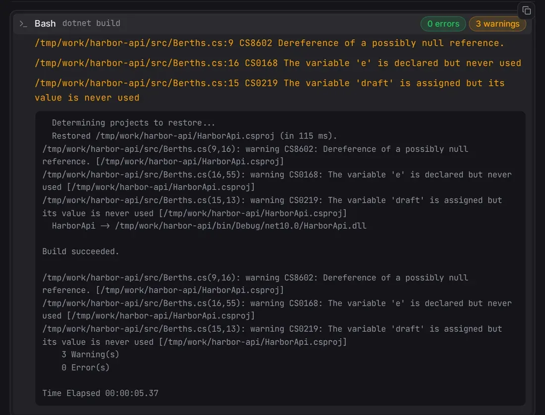 A dotnet build row with the chips 0 errors and 3 warnings, opened to list the three warnings with file and line