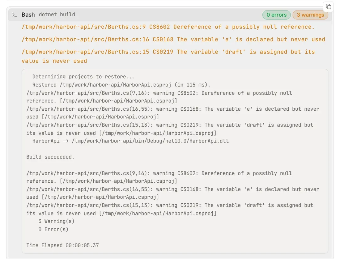 A dotnet build row with the chips 0 errors and 3 warnings, opened to list the three warnings with file and line
