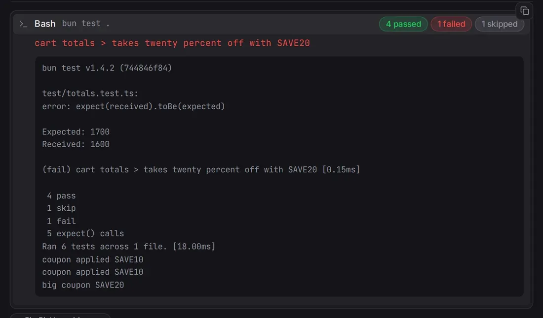 A bun test row with the chips 4 passed, 1 failed and 1 skipped, opened to show the failing test name in red above Fleet's output