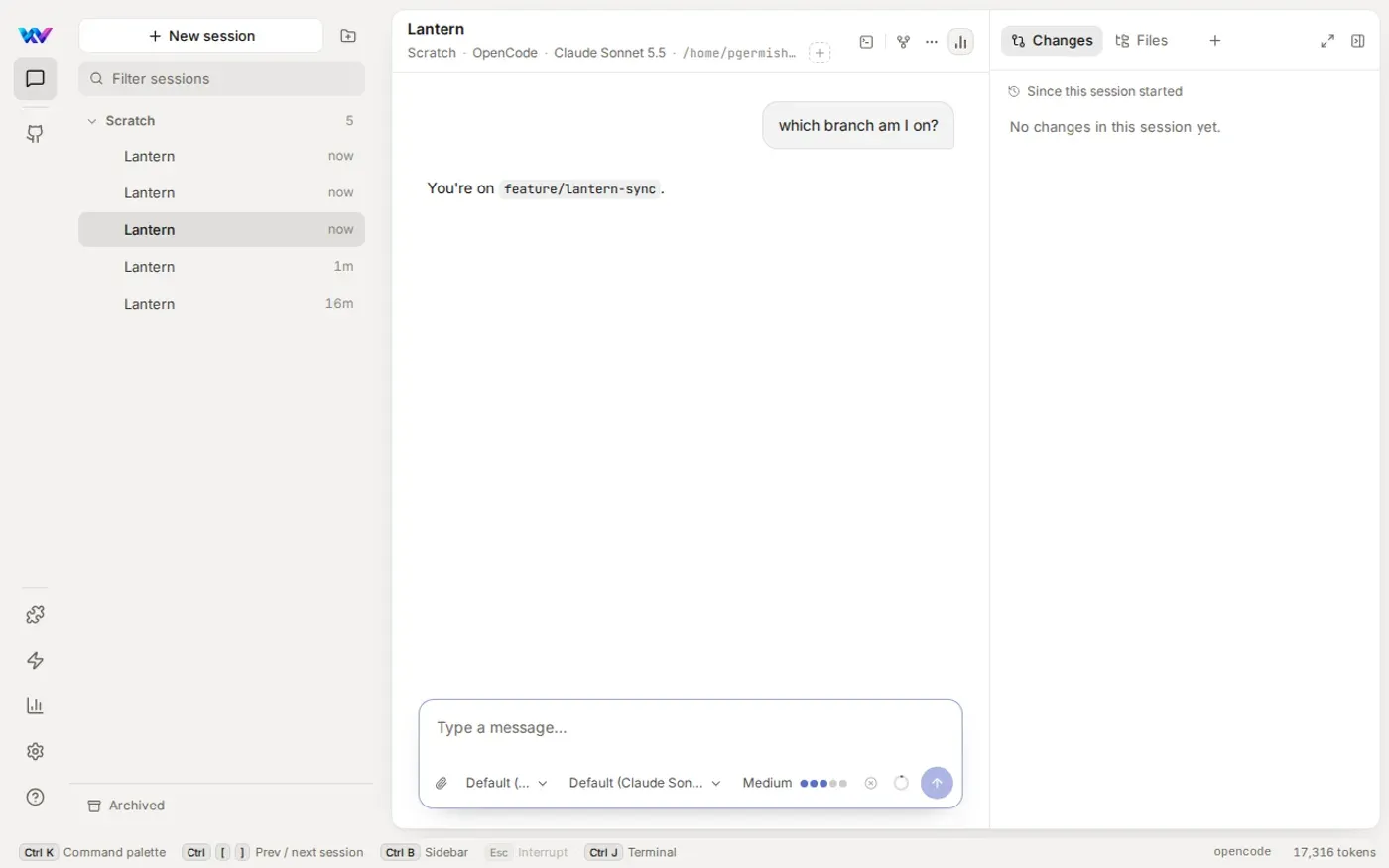 A session where the user asked which branch they are on and the agent answered feature/lantern-sync without running a command