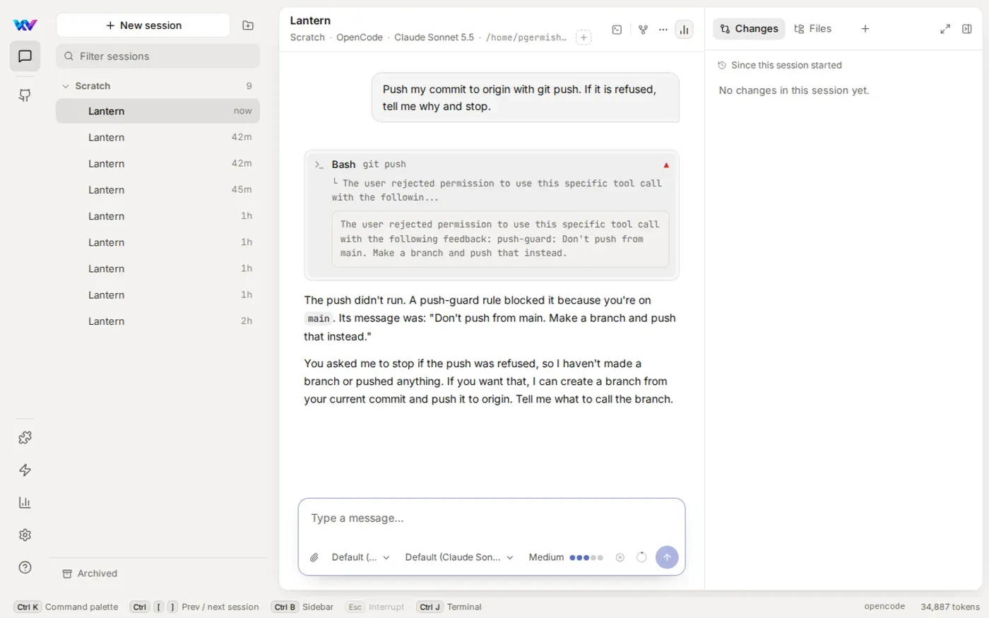 A git push row showing push-guard's reason, and the agent explaining that the push was blocked because the session is on main