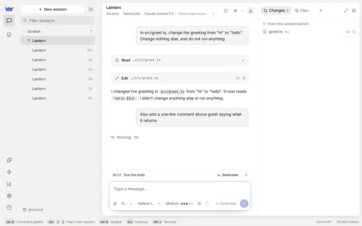 A session with a Run the tests message waiting as Next in the queue above the composer