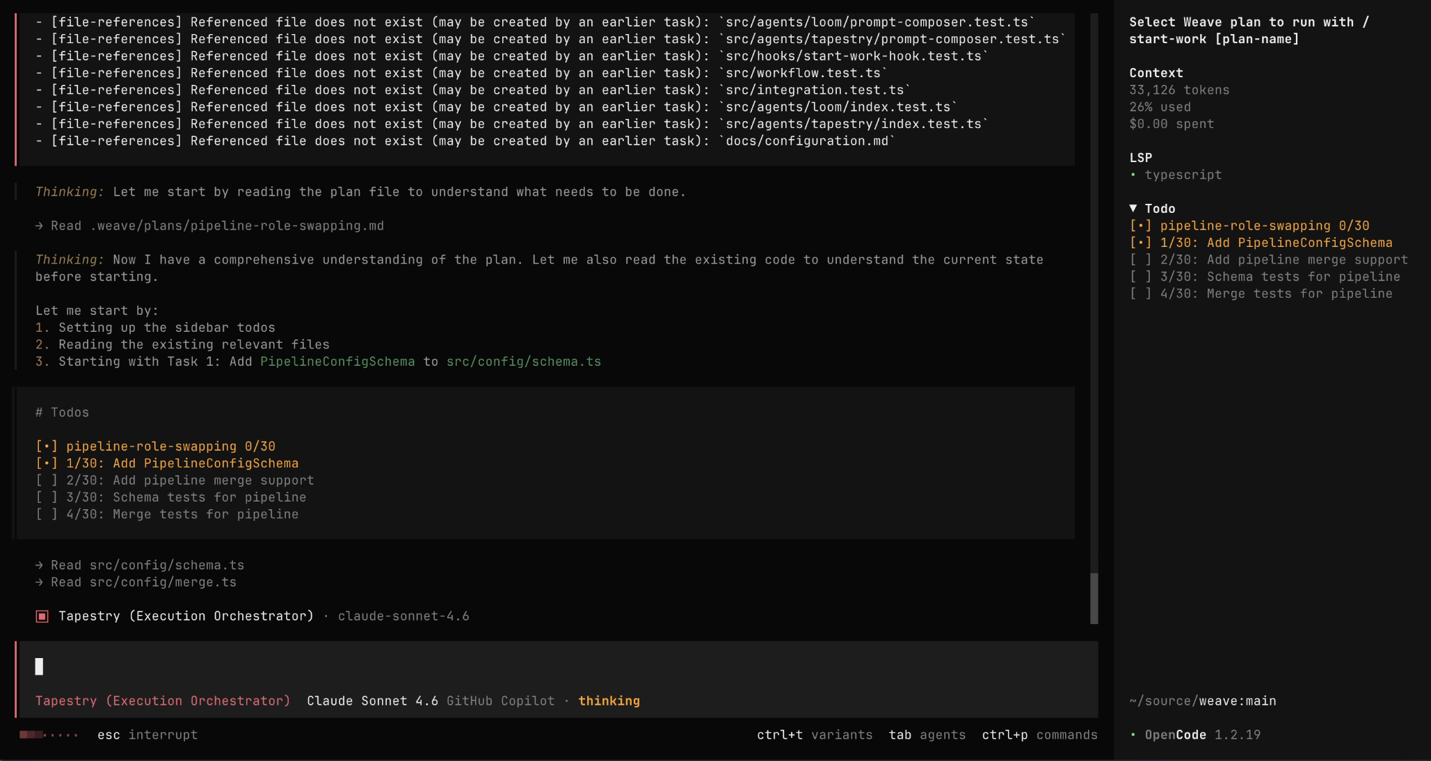 The Plan → Review → Execute → Audit workflow in action: Loom delegates to Pattern, Pattern creates a plan, Weft reviews, Tapestry executes, and Weft + Warp audit automatically