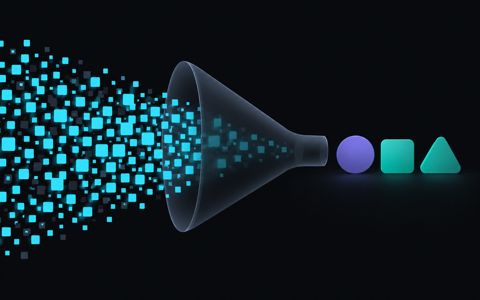 Hundreds of tiny cyan squares pour into a funnel and come out as three larger shapes