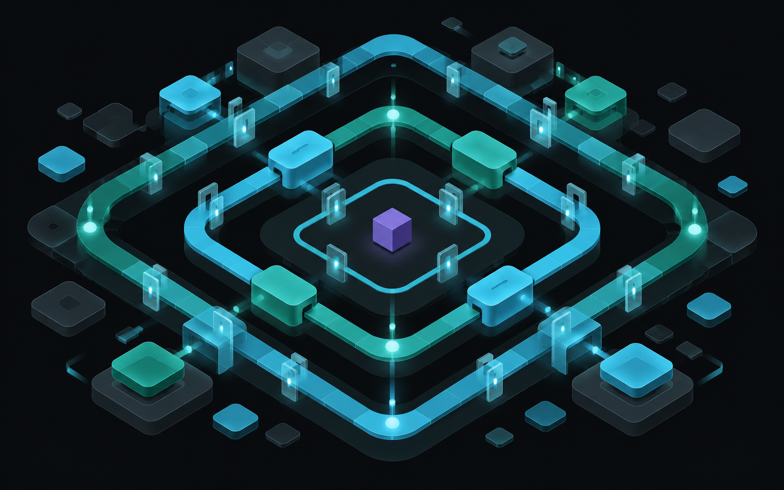 A small violet cube at the centre of a much larger structure of cyan and teal rails, gates and nodes