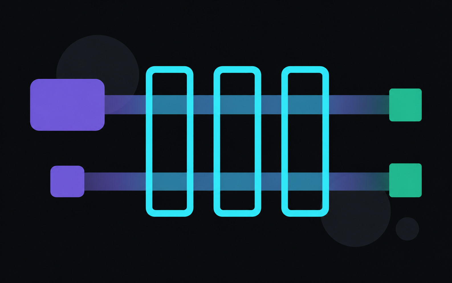 A large and a small violet block each pass through the same three cyan gates and end at identical teal squares