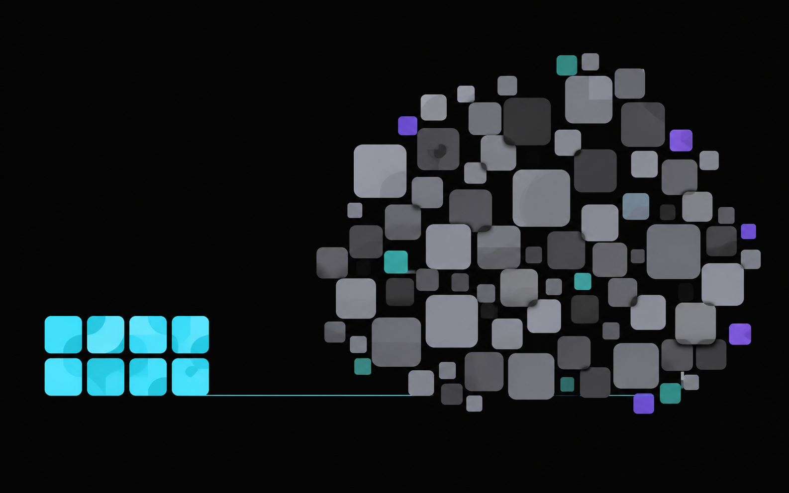 A small tidy cluster of cyan tiles on the left connected by a thin line to a sprawling grey cloud of tiles on the right