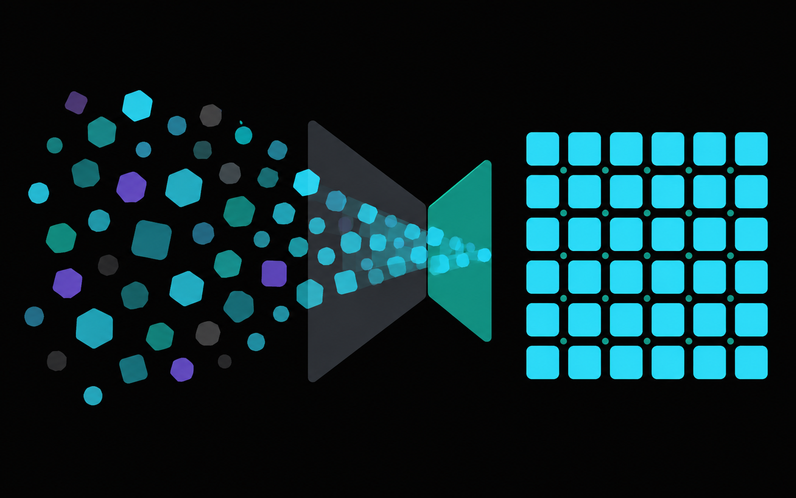 Scattered geometric fragments funneling through a central shape into a uniform grid of cyan tiles