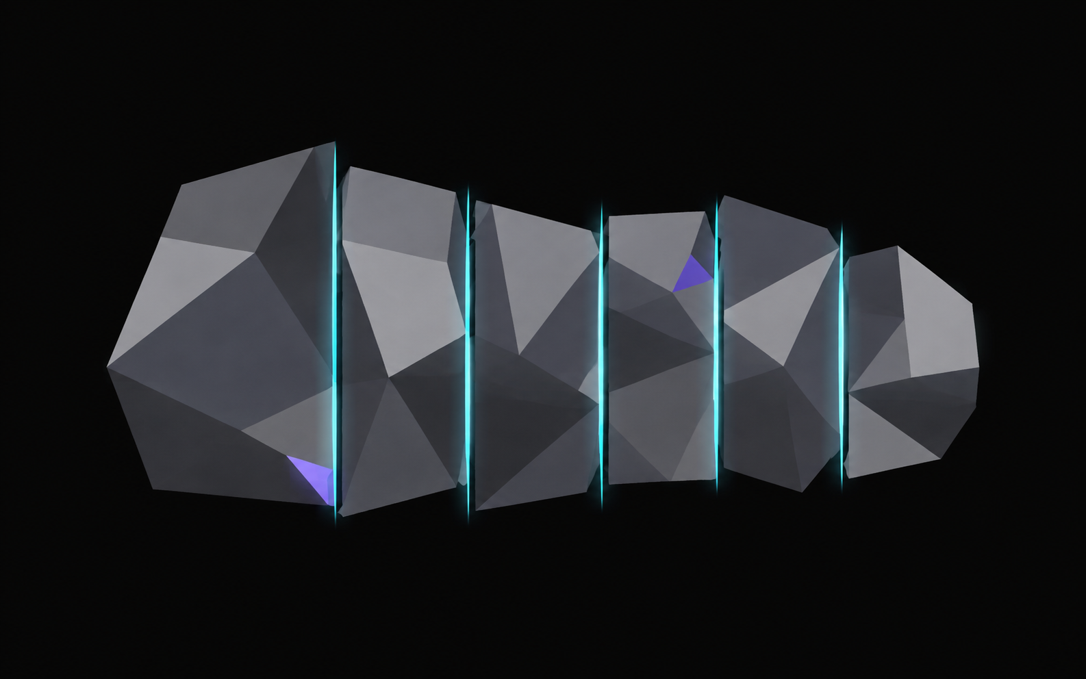 A large abstract polygonal shape sliced by vertical cyan lines into six uneven segments