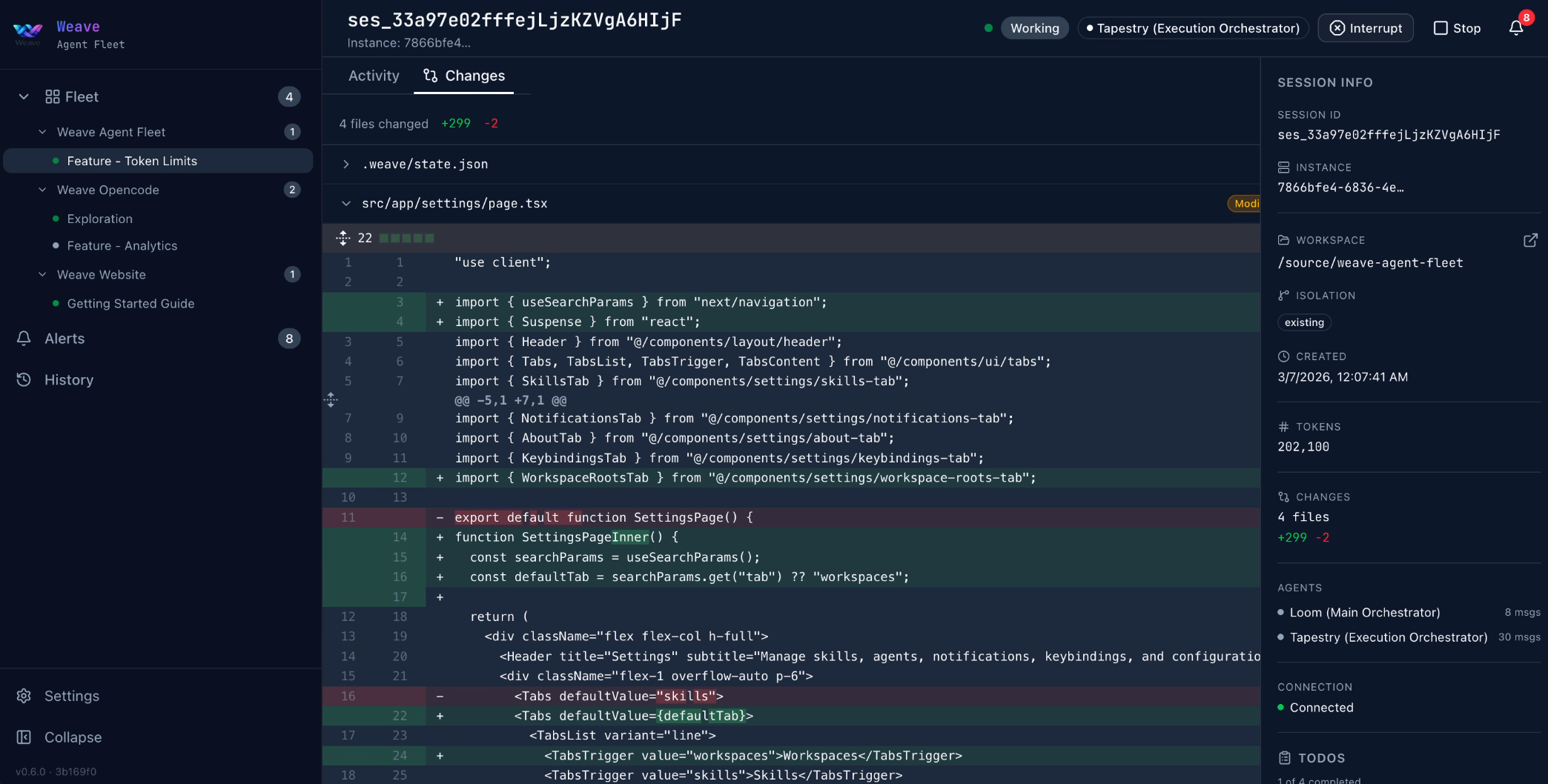 Diff viewer — file changes with additions in green and deletions in red, line counts per file