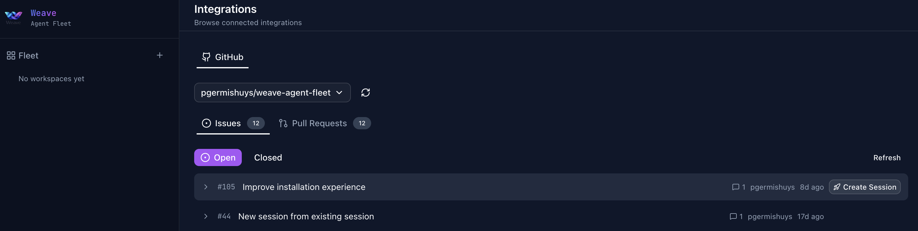 GitHub browser — repository selector with issues and pull requests tabs