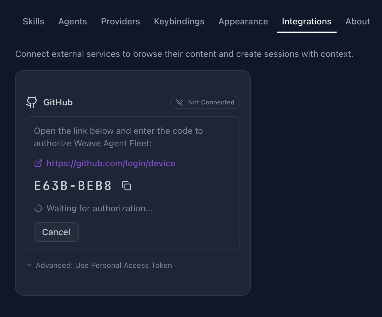 Device authorization — verification URL and one-time code displayed in Fleet