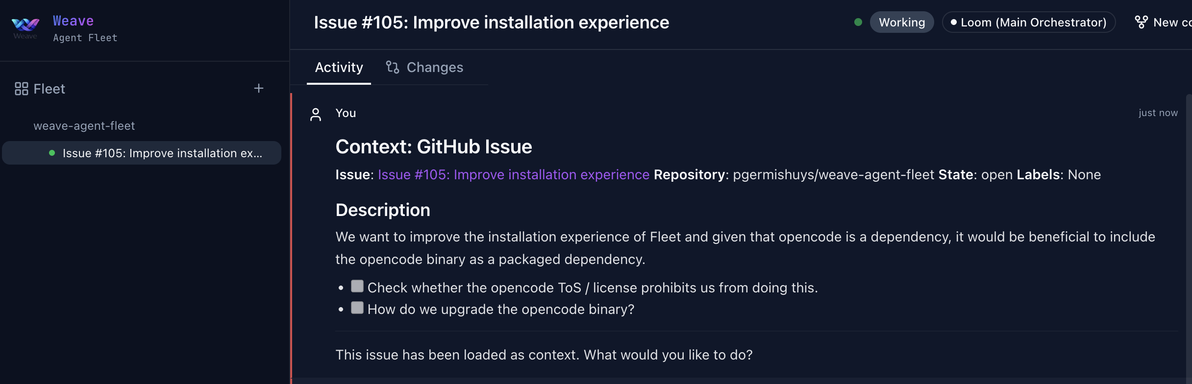 Session running with GitHub issue context injected as the initial prompt