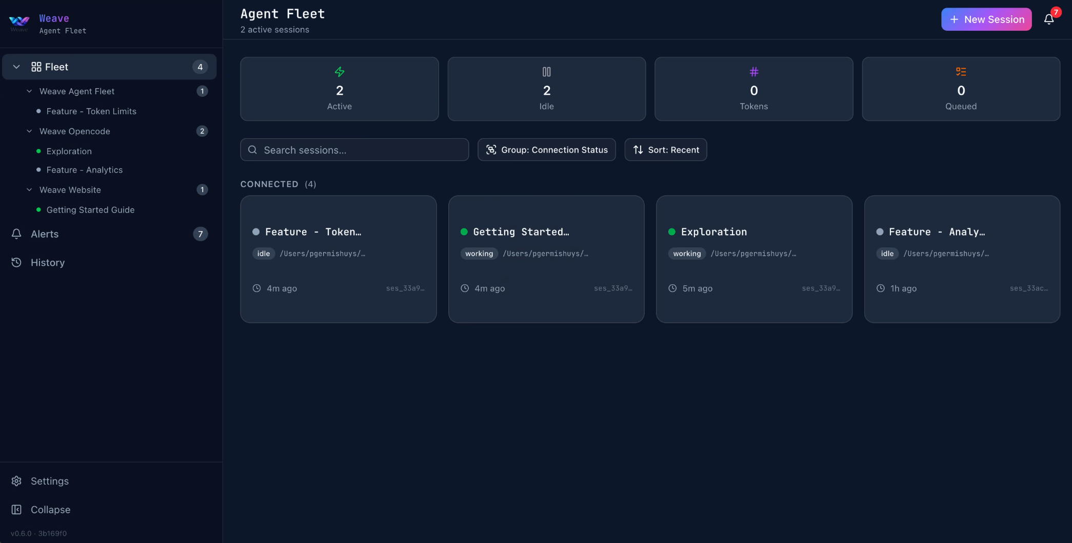 Fleet dashboard overview — main session list with status indicators and sidebar navigation